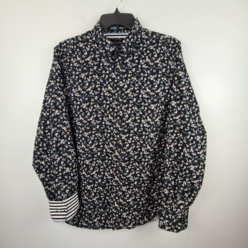 Denim & Flower Ricky Singh Mens Medium Black Floral Ditsy Button Up Shirt Cotton